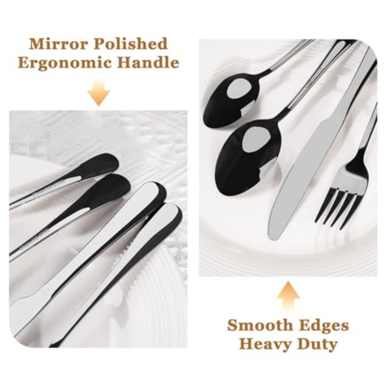 24-Piece Black Silverware Set with Steak Knives Flatware Set for 4 Food-Grade Stainless Steel Cutlery Set Mirror Polished Utensils Set Include Spoons and Forks for Home Kitchen Restaurant - Image 4