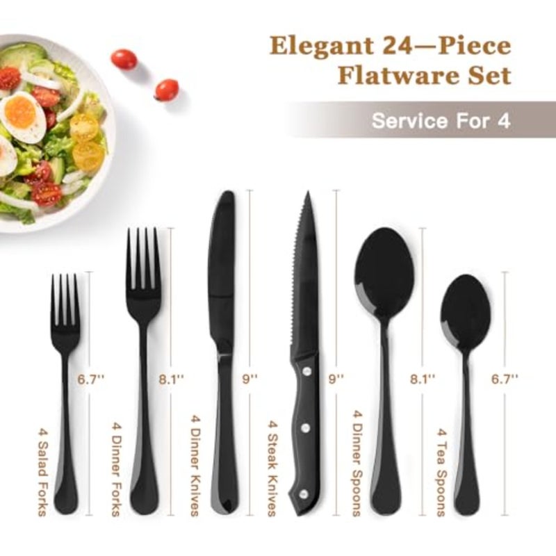 24-Piece Black Silverware Set with Steak Knives Flatware Set for 4 Food-Grade Stainless Steel Cutlery Set Mirror Polished Utensils Set Include Spoons and Forks for Home Kitchen Restaurant - Image 2