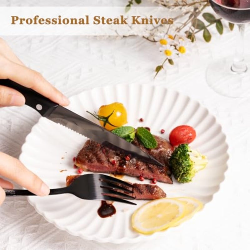 24-Piece Black Silverware Set with Steak Knives Flatware Set for 4 Food-Grade Stainless Steel Cutlery Set Mirror Polished Utensils Set Include Spoons and Forks for Home Kitchen Restaurant - Image 5