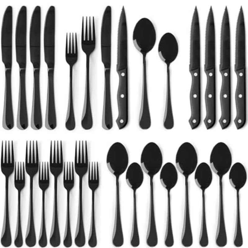 24-Piece Black Silverware Set with Steak Knives Flatware Set for 4 Food-Grade Stainless Steel Cutlery Set Mirror Polished Utensils Set Include Spoons and Forks for Home Kitchen Restaurant - Image 1