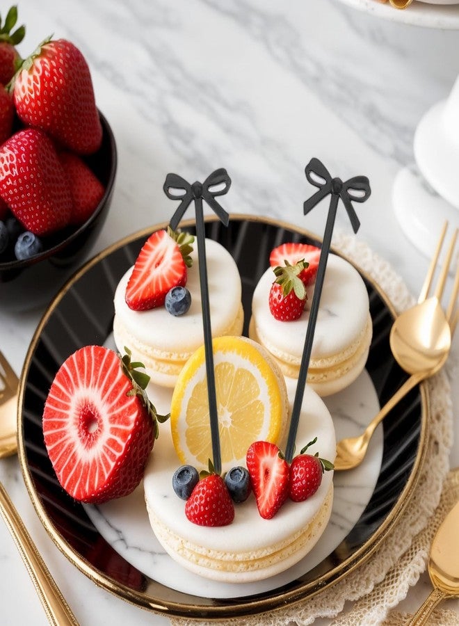 Wionin 60pcs Fruit Fork Bow Design Food Sticks Black Cocktail Picks Toothpicks for Cocktails Dessert Picks Cupcake Topper Cake Decoration Appetizer Picks - Image 4