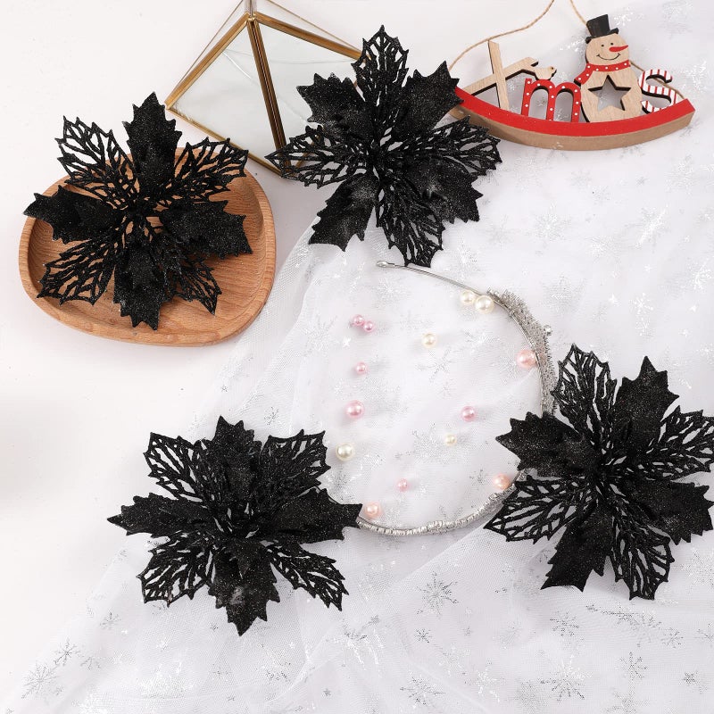 Wironlst 16 Pcs Glitter Poinsettia Flowers Artificial - Christmas White Poinsettia Decorations Tree Flowers Ornaments for Xmas/Holiday/Seasonal/Wedding Decor(Black) - Image 3