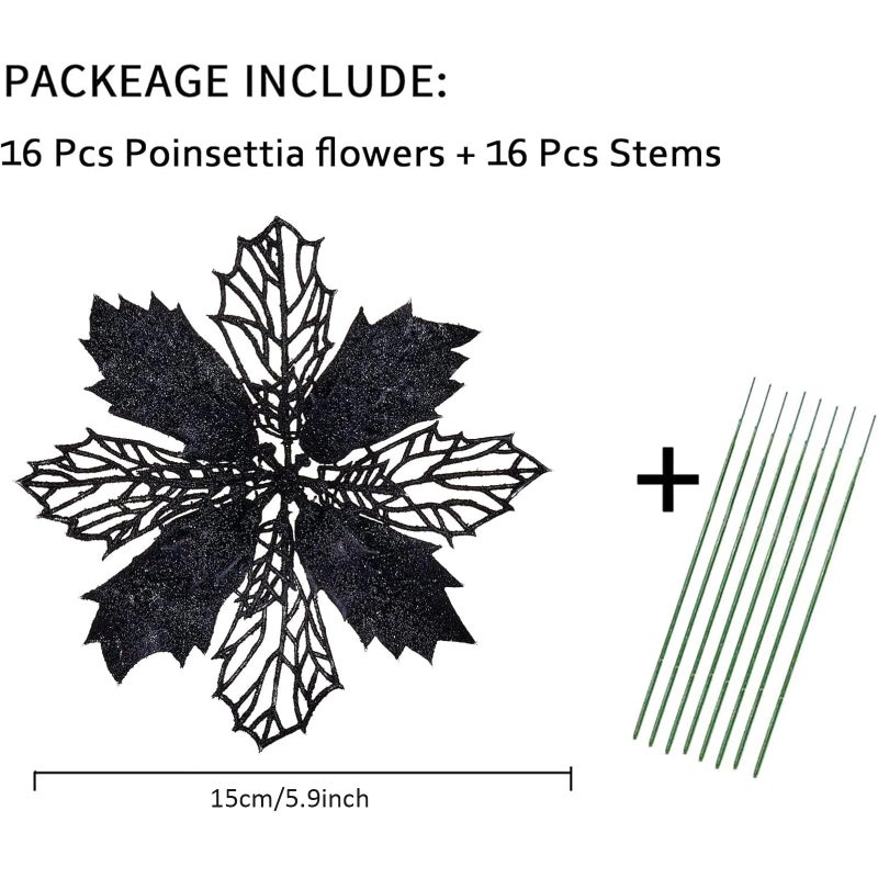 Wironlst 16 Pcs Glitter Poinsettia Flowers Artificial - Christmas White Poinsettia Decorations Tree Flowers Ornaments for Xmas/Holiday/Seasonal/Wedding Decor(Black) - Image 2