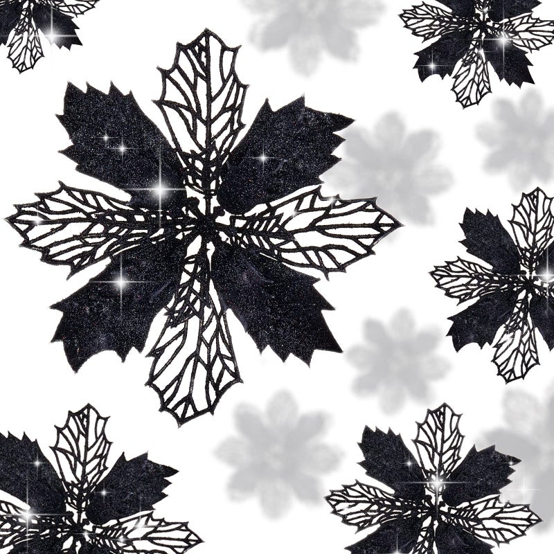 Wironlst 16 Pcs Glitter Poinsettia Flowers Artificial - Christmas White Poinsettia Decorations Tree Flowers Ornaments for Xmas/Holiday/Seasonal/Wedding Decor(Black) - Image 1