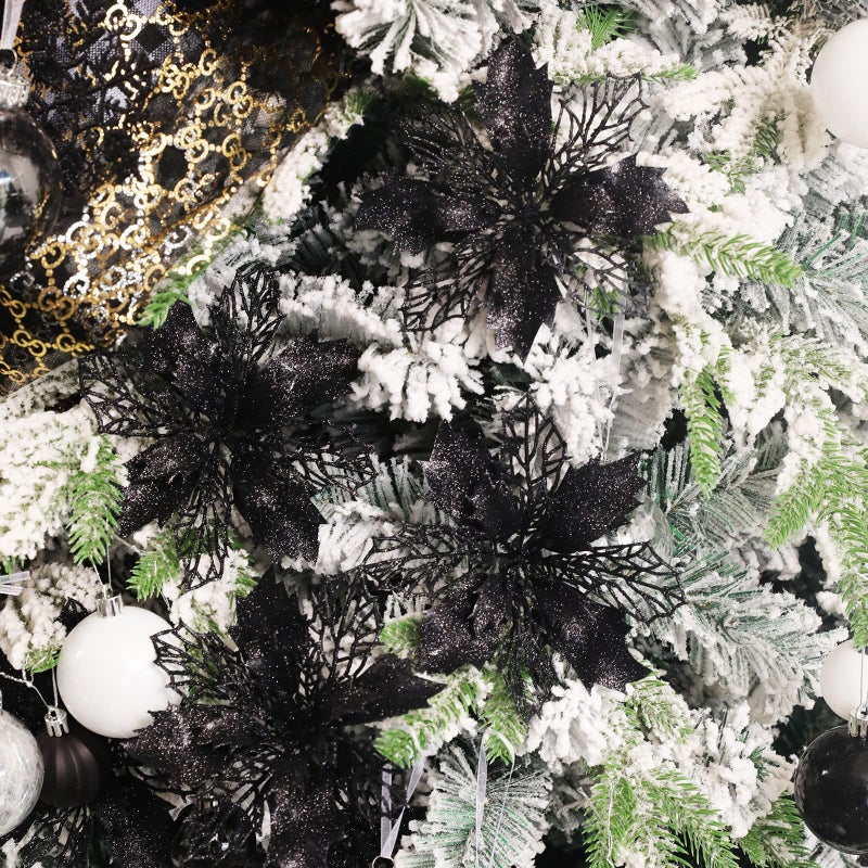 Wironlst 16 Pcs Glitter Poinsettia Flowers Artificial - Christmas White Poinsettia Decorations Tree Flowers Ornaments for Xmas/Holiday/Seasonal/Wedding Decor(Black) - Image 5