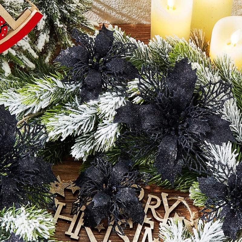 Wironlst 16 Pcs Glitter Poinsettia Flowers Artificial - Christmas White Poinsettia Decorations Tree Flowers Ornaments for Xmas/Holiday/Seasonal/Wedding Decor(Black) - Image 4