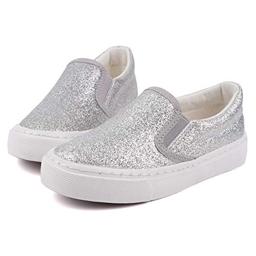 Toandon Toddler Kids Sneakers Canvas Shoes Loafers Boys Girls Glitter Low Top Slip On Glimmer Sparkle Non-Slip Rubber Sole Lightweight Breathable Outdoor Fashion Casual Grey Sliver Size 11 - Image 2