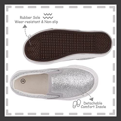 Toandon Toddler Kids Sneakers Canvas Shoes Loafers Boys Girls Glitter Low Top Slip On Glimmer Sparkle Non-Slip Rubber Sole Lightweight Breathable Outdoor Fashion Casual Grey Sliver Size 11 - Image 4