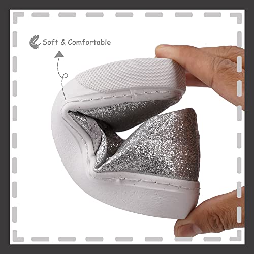 Toandon Toddler Kids Sneakers Canvas Shoes Loafers Boys Girls Glitter Low Top Slip On Glimmer Sparkle Non-Slip Rubber Sole Lightweight Breathable Outdoor Fashion Casual Grey Sliver Size 11 - Image 5