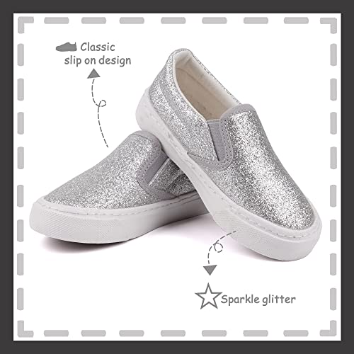 Toandon Toddler Kids Sneakers Canvas Shoes Loafers Boys Girls Glitter Low Top Slip On Glimmer Sparkle Non-Slip Rubber Sole Lightweight Breathable Outdoor Fashion Casual Grey Sliver Size 11 - Image 3