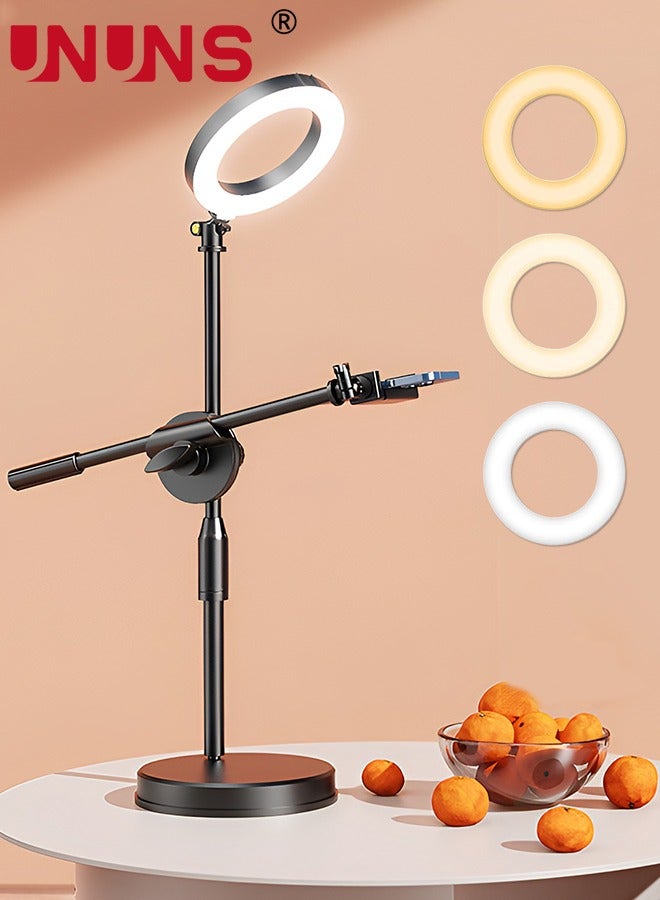 UNUNS Selfie Ring Light With Stand And Phone Holder,Overhead Camera Mount With 16cm Ring Lights For Phone,Circle Light With Desk Tripod Adjustable Shooting Arm For Video Recording,Live Streaming,Laptop  - Image 1