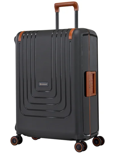 eminent Vertica Hard Case Travel Bag Medium Luggage Trolley Polypropylene Lightweight Suitcase 4 Quiet Double Spinner Wheels With TSA Lock B0006 Dark Grey Brown Trim