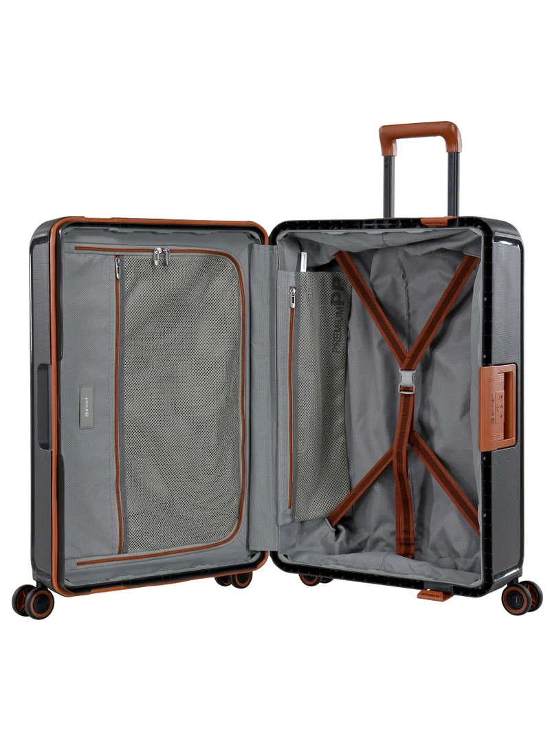 eminent Vertica Hard Case Travel Bag Medium Luggage Trolley Polypropylene Lightweight Suitcase 4 Quiet Double Spinner Wheels With TSA Lock B0006 Dark Grey Brown Trim