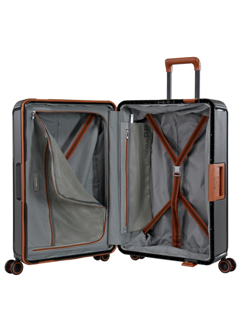 eminent Vertica Hard Case Travel Bag Medium Luggage Trolley Polypropylene Lightweight Suitcase 4 Quiet Double Spinner Wheels With TSA Lock B0006 Dark Grey Brown Trim