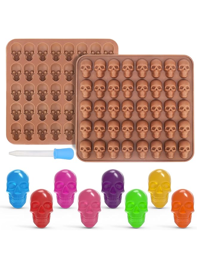 S-TOP Gummy Skull Silicone Candy Molds, 2 Pack Mini Skull Gummie Chocolate Molds with Dropper for Halloween Gummies, Candies, Jello, Chocolate - Image 1