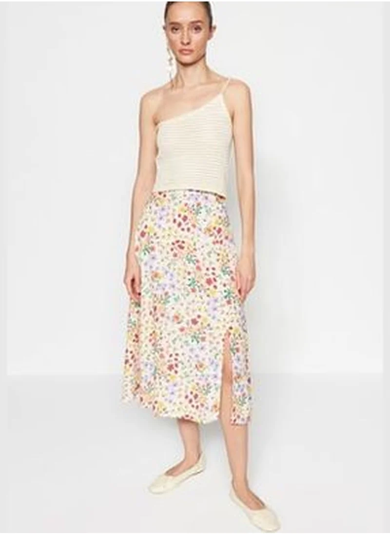 trendyol Woven Ecru Midi Skirt with a Slit Detail and Floral Pattern TWOSS20ET0230