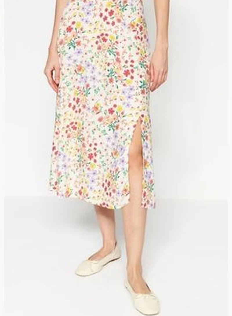 trendyol Woven Ecru Midi Skirt with a Slit Detail and Floral Pattern TWOSS20ET0230