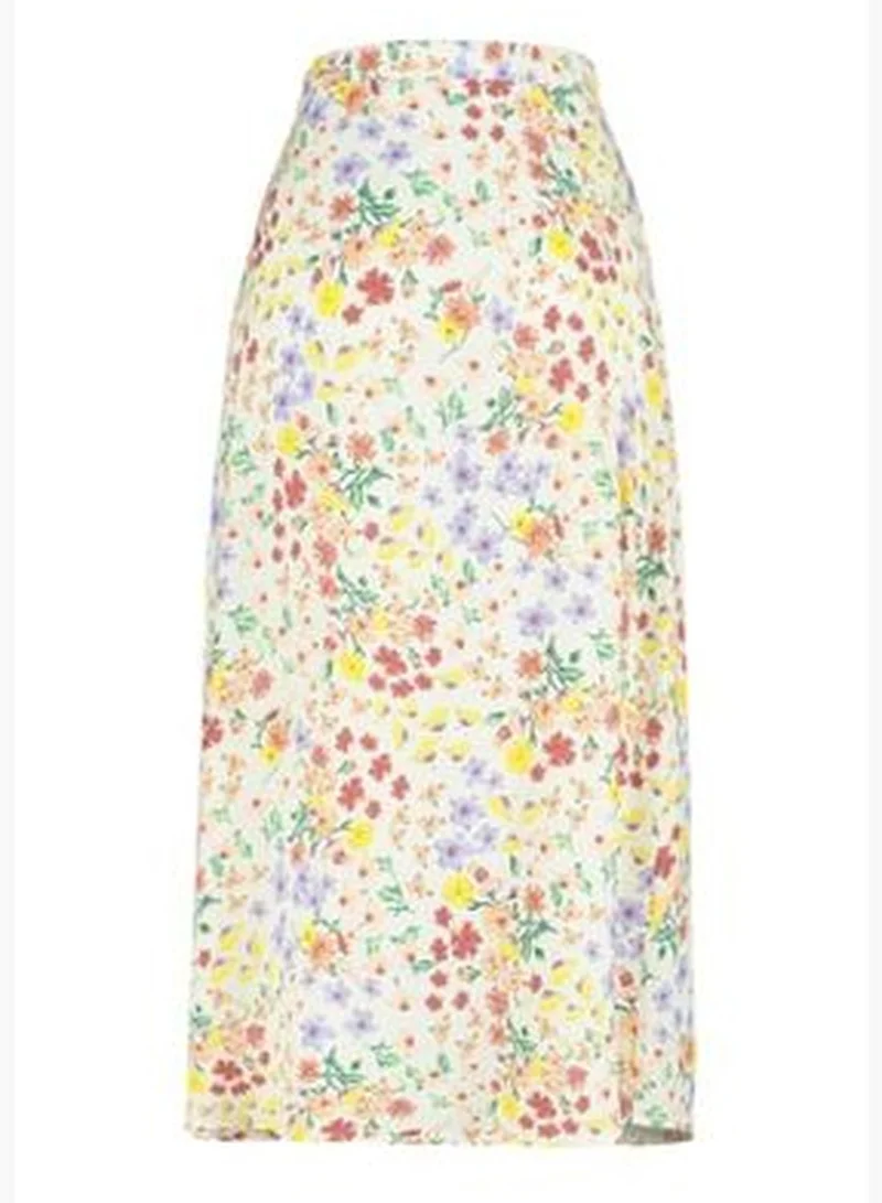 trendyol Woven Ecru Midi Skirt with a Slit Detail and Floral Pattern TWOSS20ET0230