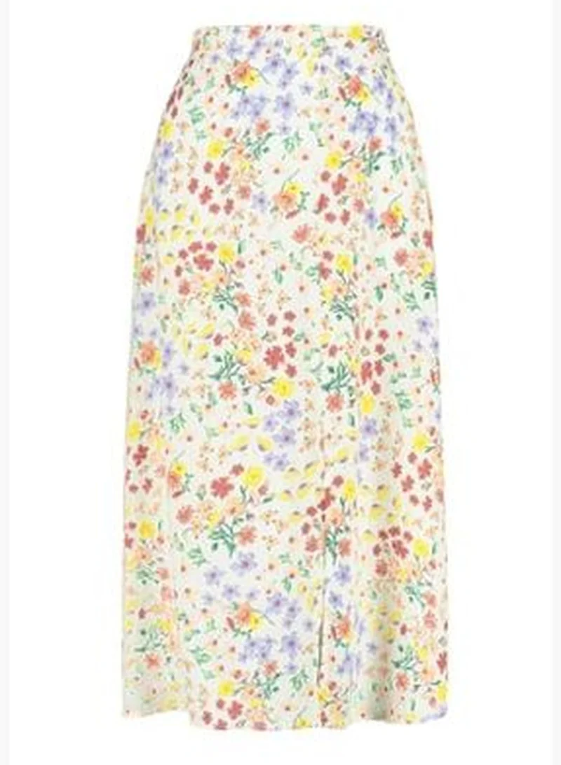 trendyol Woven Ecru Midi Skirt with a Slit Detail and Floral Pattern TWOSS20ET0230