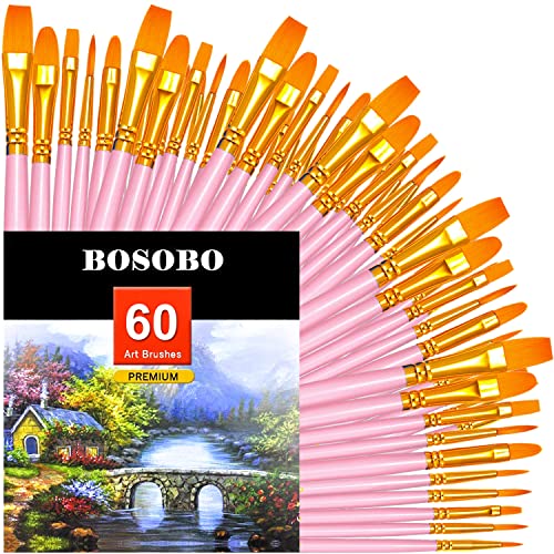 BOSOBO Paint Brushes Set, 6 Pack 60 Pcs Round Pointed Tip Paintbrushes Nylon Hair Artist Acrylic Paint Brushes for Acrylic Oil Watercolor, Face Nail Art, Miniature Detailing & Rock Painting, Pink - Image 1