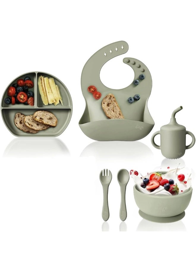 Chicco Silicone Baby Feeding Set 6 Pieces BPA Free Baby Led Weaning Supplies with Suction Bowl Plate Spoon Fork Bib and Sippy Cup Baby Toddler Feeding Dish Set with Divided Plate Snack Cup Straw Cup and Self Feeding Accessories for Infants and Toddlers - Green - Image 4