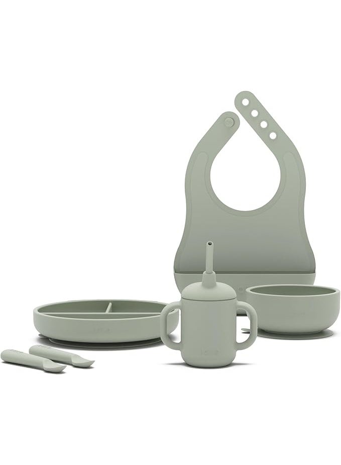 Chicco Silicone Baby Feeding Set 6 Pieces BPA Free Baby Led Weaning Supplies with Suction Bowl Plate Spoon Fork Bib and Sippy Cup Baby Toddler Feeding Dish Set with Divided Plate Snack Cup Straw Cup and Self Feeding Accessories for Infants and Toddlers - Green - Image 1