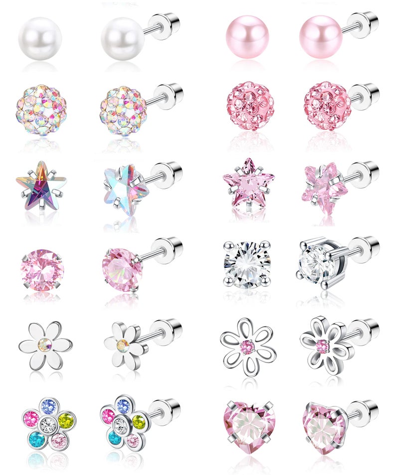 SAILIMUE 12 Pairs Hypoallergenic Screw Back Earrings for Women Girls Surgical Steel Cute Heart CZ Flower Pearl Ball Tiny Screwback Stud Earring - Image 1