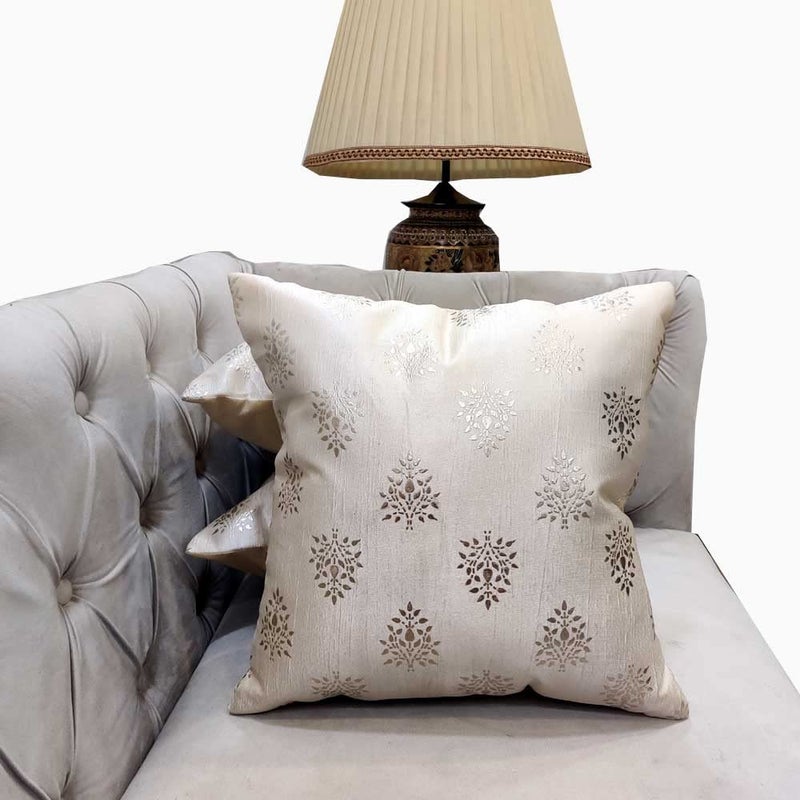 Good Vibes GOODVIBES Polyester Silver Floral Foil Printed Cream Square Cushion Covers 30 cm30cm 12 x 12 inch Pack of 3 - Image 1