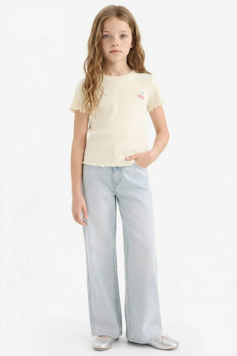 ديفاكتو Girl Slim Fit Crew Neck Printed Ribbed Camisole T-Shirt