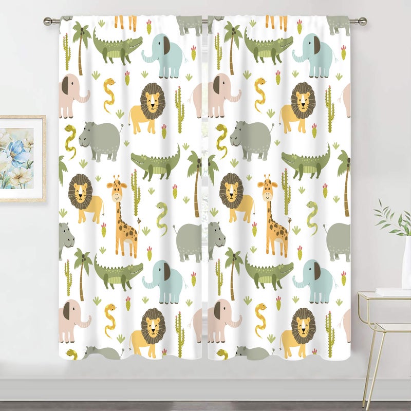 MESHELLY Kids Safari Curtains 42W X 63H Inch Rod Pocket Cute Cartoon Animals Baby Boy Nursery Bedroom Decor Woodland Jungle Lion Elephant Curtains for Children Living Room Window Drapes Fabric