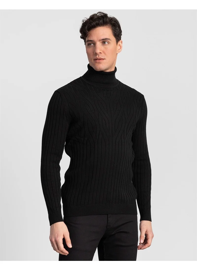 Tudors Turtleneck Patterned Black Sweater