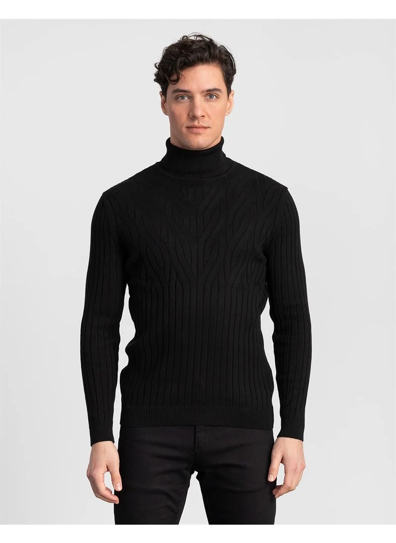 Tudors Turtleneck Patterned Black Sweater