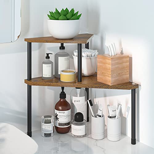 Weenson Kitchen Countertop Organizer Spice Rack for Salt, Bathroom Counter Organizer Over Sink for Toiletries, Makeup, 2-Tier Corner Counter Shelf for Coffee Area Storage Dresser Table(Rust Brown) - Image 5