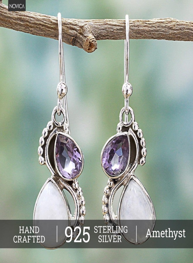 نوفيكا أقراط نوفيكا المصنوعة يدويًا من حجر القمر قوس قزح الجمشت الفضي مع حجر بخت هندي بنفسجي شفاف مصقول [1.4 بوصة طول × 0.4 بوصة عرض × 0.2 بوصة عمق] "قطرتان" - Image 2