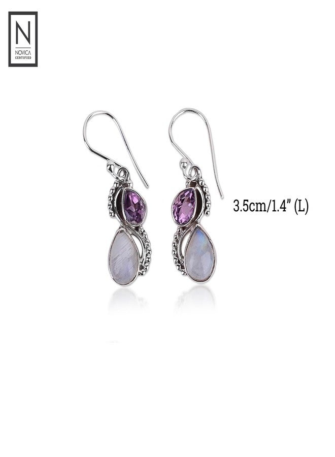 نوفيكا أقراط نوفيكا المصنوعة يدويًا من حجر القمر قوس قزح الجمشت الفضي مع حجر بخت هندي بنفسجي شفاف مصقول [1.4 بوصة طول × 0.4 بوصة عرض × 0.2 بوصة عمق] "قطرتان" - Image 3