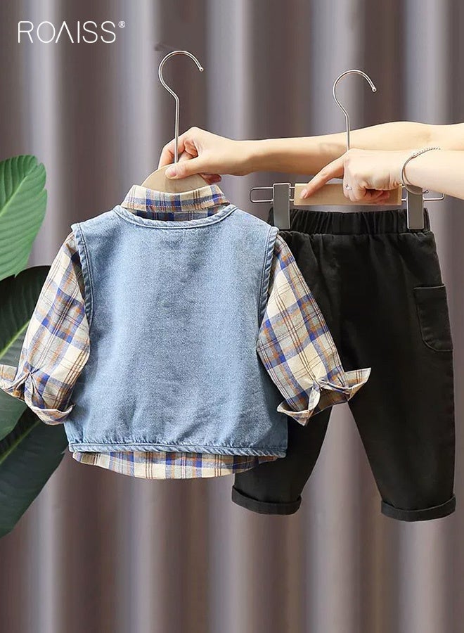 roaiss 3PCS Boys Fall Spring Outfits, Stylish Shirt, Vest and Pants Set for Toddlers, Long Sleeve Plaid Shirt, Button up Denim Vest and Elastic Waist Pants Set, Suitable for Daily Wear or Any Occasion - Image 2