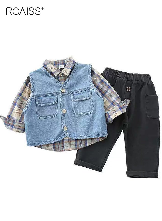 roaiss 3PCS Boys Fall Spring Outfits, Stylish Shirt, Vest and Pants Set for Toddlers, Long Sleeve Plaid Shirt, Button up Denim Vest and Elastic Waist Pants Set, Suitable for Daily Wear or Any Occasion - Image 1