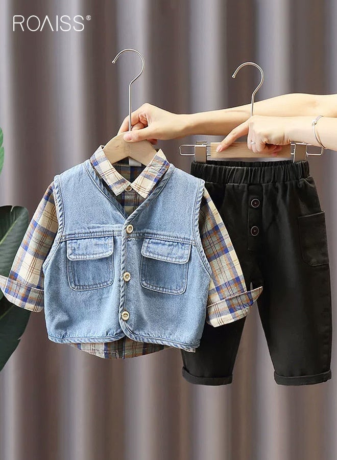 roaiss 3PCS Boys Fall Spring Outfits, Stylish Shirt, Vest and Pants Set for Toddlers, Long Sleeve Plaid Shirt, Button up Denim Vest and Elastic Waist Pants Set, Suitable for Daily Wear or Any Occasion - Image 4