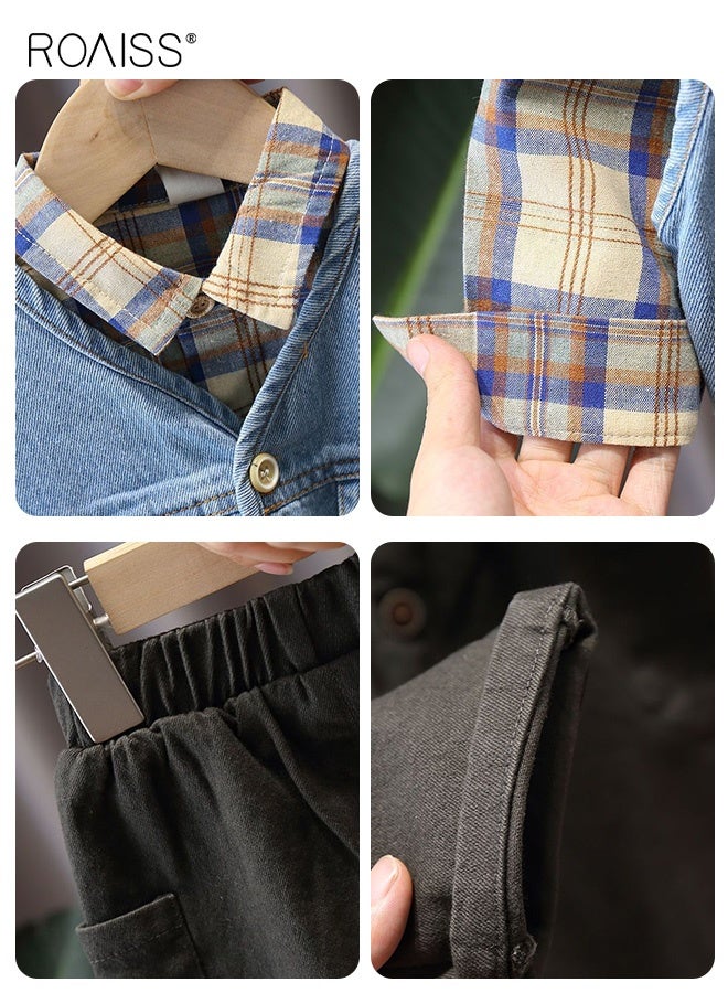 roaiss 3PCS Boys Fall Spring Outfits, Stylish Shirt, Vest and Pants Set for Toddlers, Long Sleeve Plaid Shirt, Button up Denim Vest and Elastic Waist Pants Set, Suitable for Daily Wear or Any Occasion - Image 3