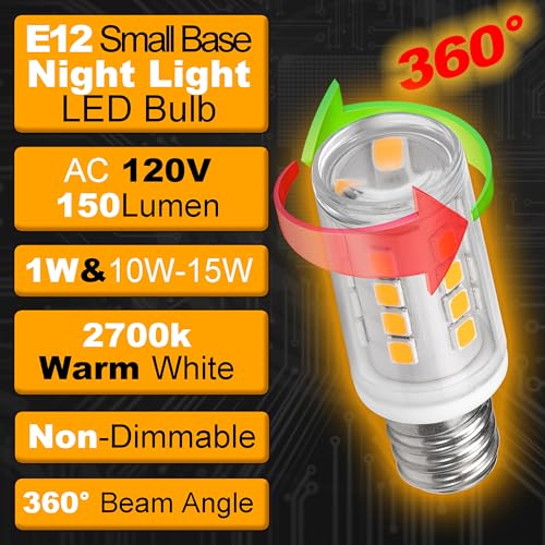 Hylroe E12 LED Candelabra Base Night Light Bulb 1 Watt Equivalent 10W 15W, AC120V 150lm 2700K Warm White C7 E12 Small Bulbs for Salt Lamp Appliance Bulb Decorative String Lights, Non-dimmable, 4 Pack - Image 5