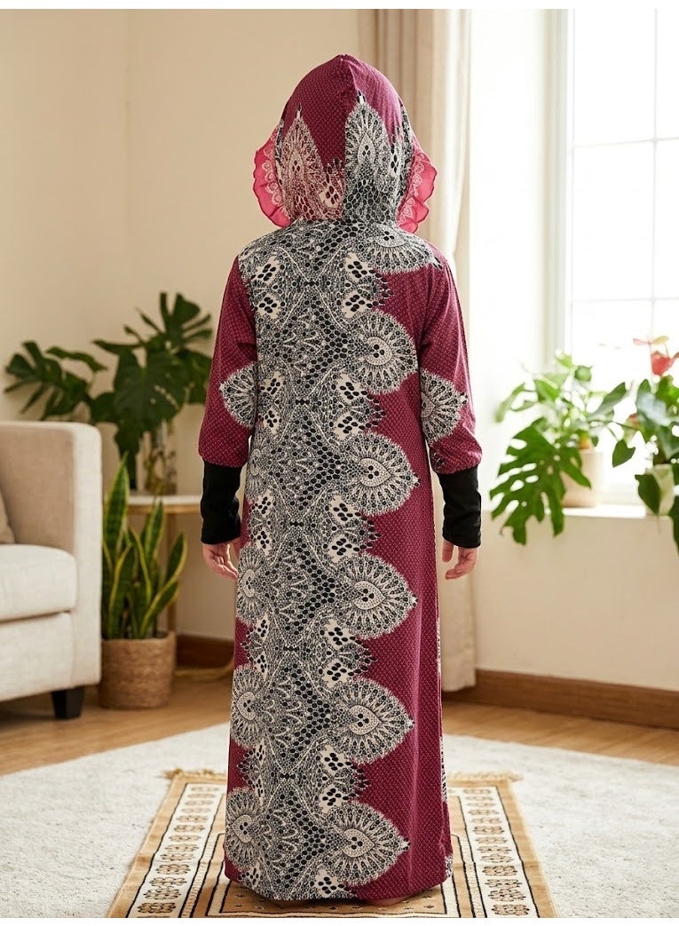 Kids Girls Prayer Esdall / Abaya Size 12 Patterned with Black Sleeves and Hood - Islamic Prayer Dress - Image 2