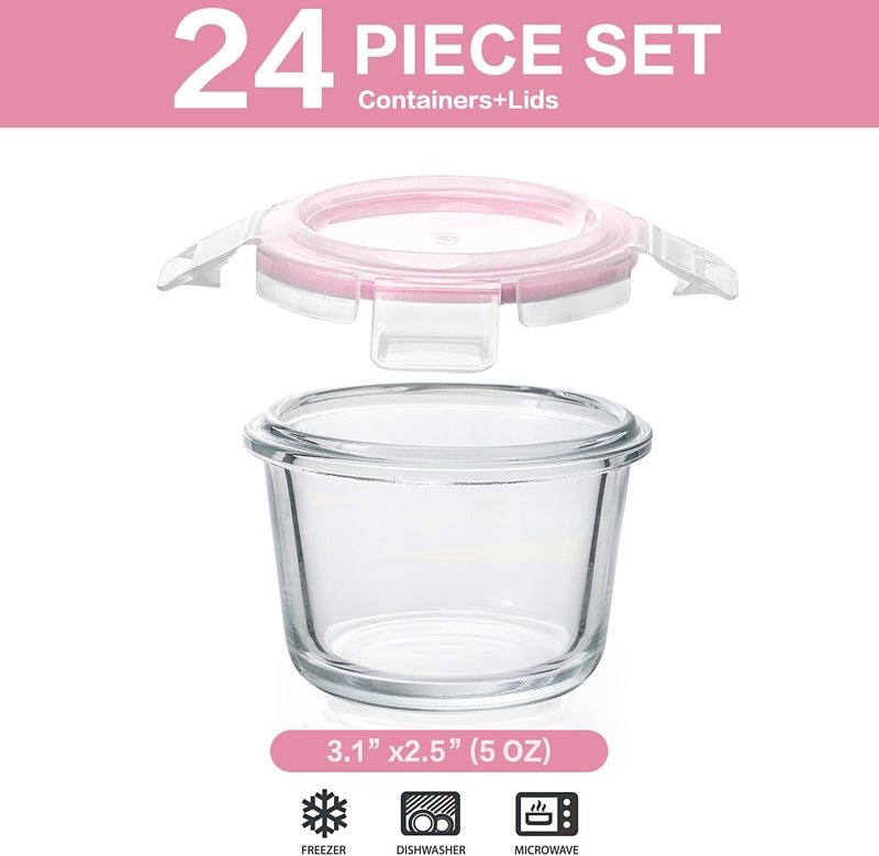 M MCIRCO [12-Pack, 5oz] Small Glass Food Storage Containers with Lids, Jars for Snacks, Dips, Sauces, BPA Free, Freezer, Microwave & Dishwasher Friendly, Pink - Image 2