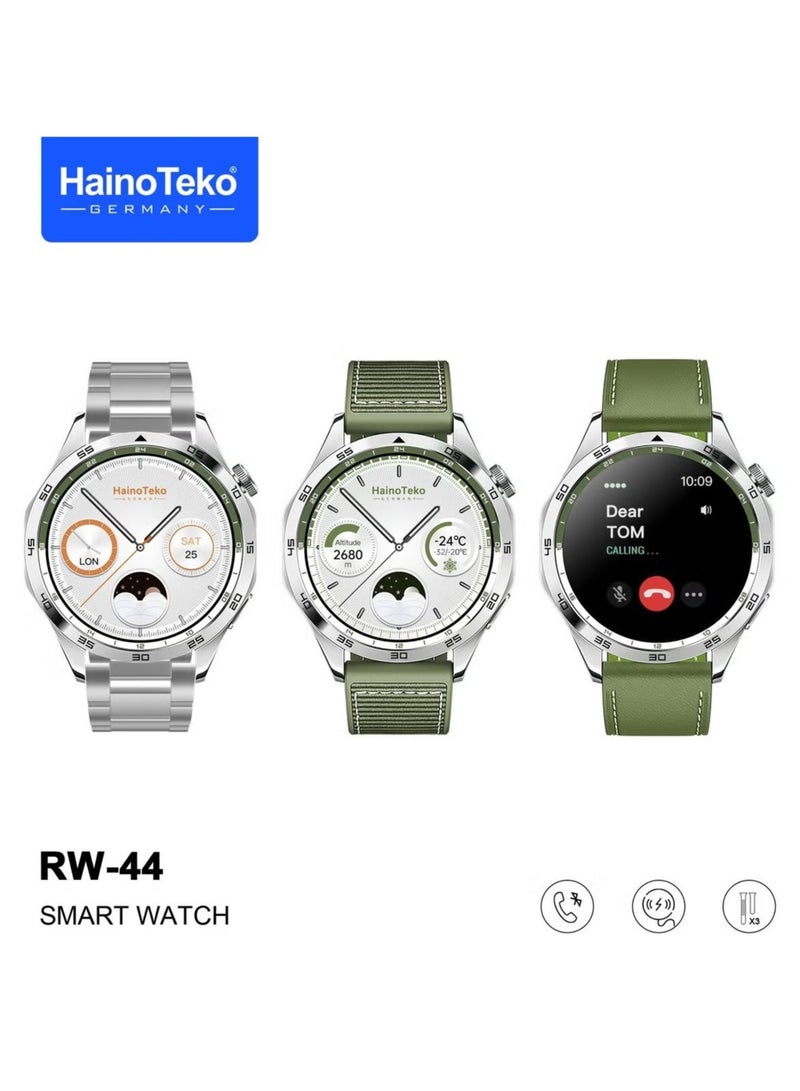 Haino Teko RW44 Round Screen AMOLED Display Smart Watch – Stylish and Durable with 3 Interchangeable Straps and Wireless Charger – Perfect for Gents & Boys - Image 1
