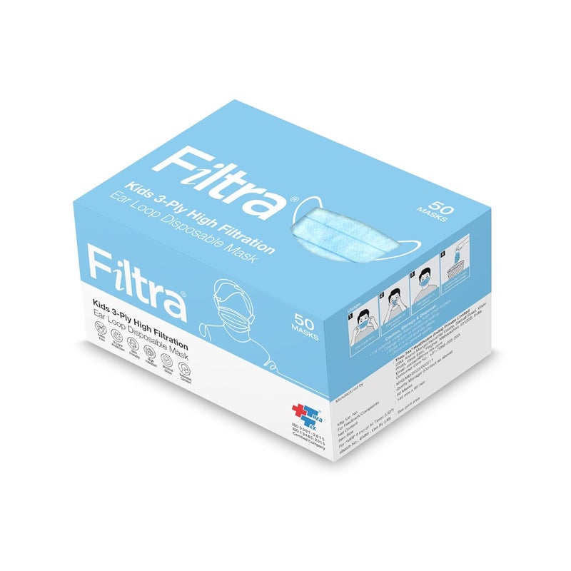 Filtra ® 3-Ply Ear Loop Kids Mask | Ages 3-18 | Kids Mask | Children's Mask | Ladies Mask | High Filtration | New extra tough courier packing | Box of 50 Masks - Image 1