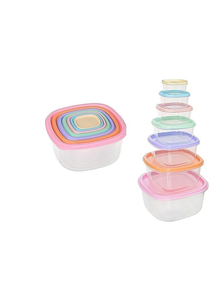 Set of plastic food storage containers with colored lids - multiple sizes - for storing food, vegetables, fruits, and grains - 1360 - multi-colored-7 pieces