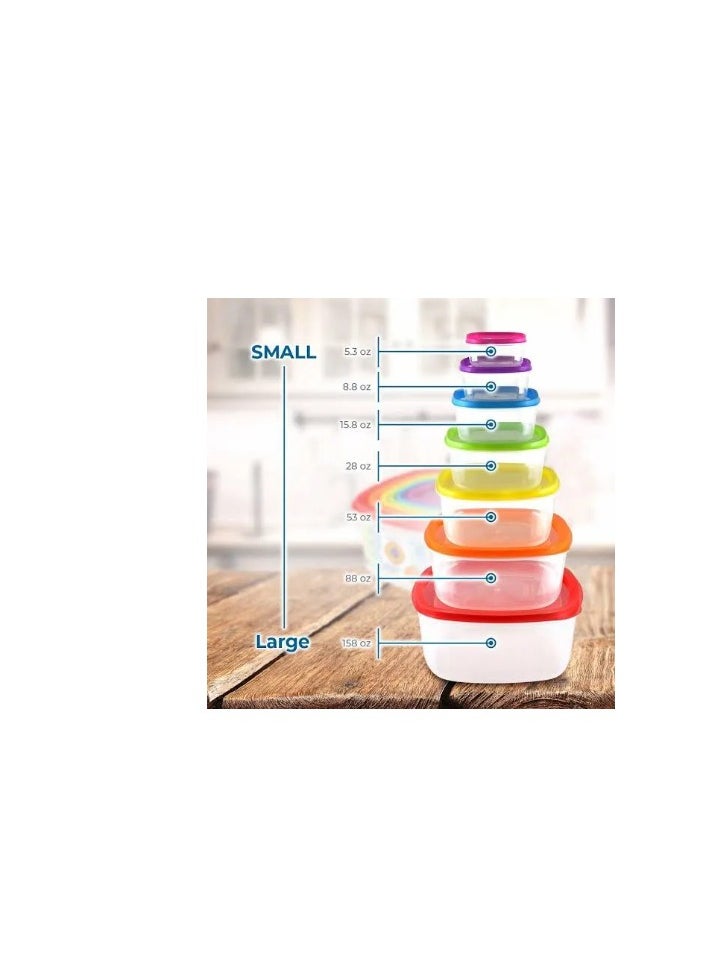 Set of plastic food storage containers with colored lids - multiple sizes - for storing food, vegetables, fruits, and grains - 1360 - multi-colored-7 pieces
