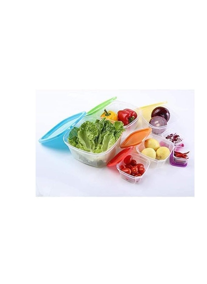 Set of plastic food storage containers with colored lids - multiple sizes - for storing food, vegetables, fruits, and grains - 1360 - multi-colored-7 pieces