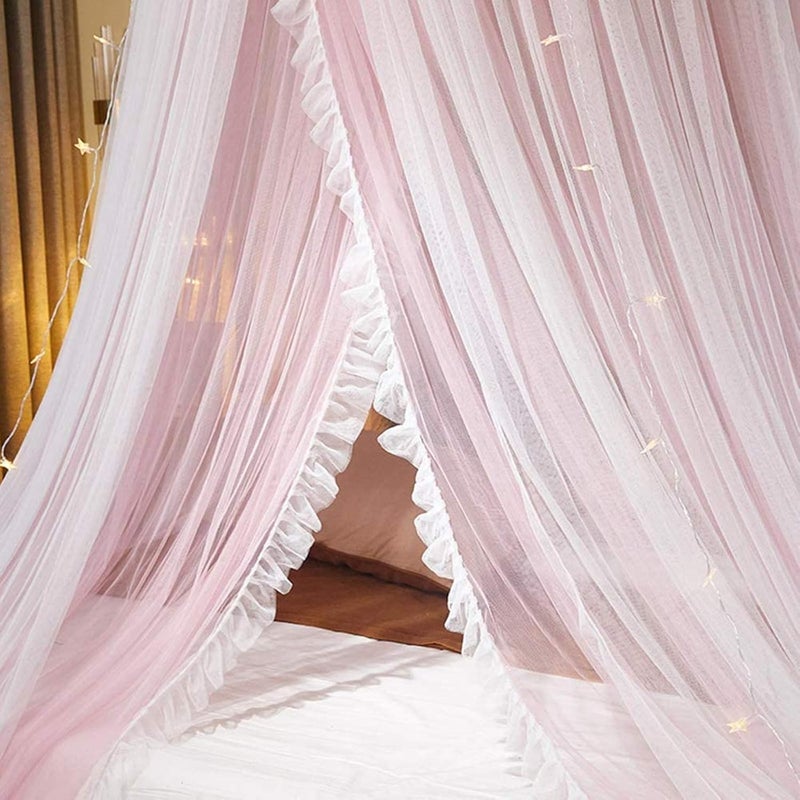 VETHIN Bed Canopy Princess for Girls,Bed Canopy Curtain Double Layer Sheer Mesh Dome Bed Curtain- Round Lace Princess Mosquito Net Tent for Twin Full Queen King Bed(Pink/White) - Image 4