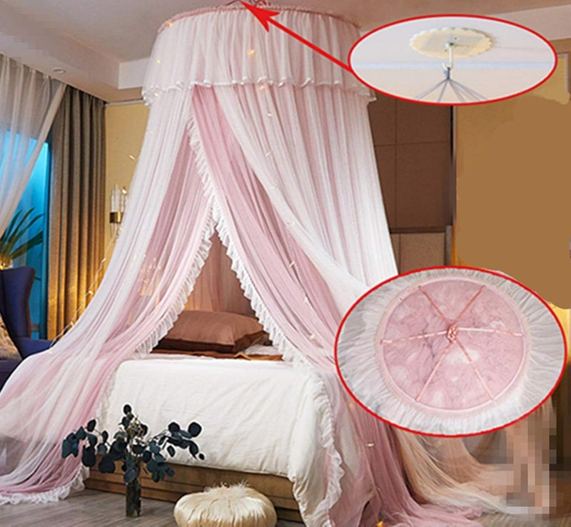 VETHIN Bed Canopy Princess for Girls,Bed Canopy Curtain Double Layer Sheer Mesh Dome Bed Curtain- Round Lace Princess Mosquito Net Tent for Twin Full Queen King Bed(Pink/White) - Image 2
