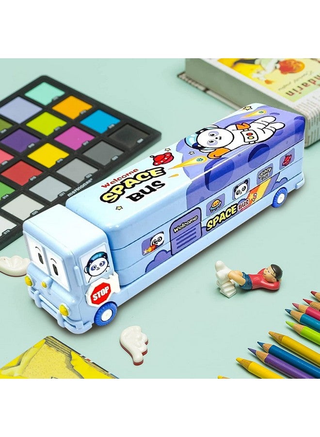 ALMOSTHERE® Cartoon Printed Bus Geometry Box Double Compartment Metal Body Pencil Case Pen Pencil Holder with Sharpener and Moving Tyres Like Bus Metal Pencil Box (Space Bus Light Blue) - Image 4